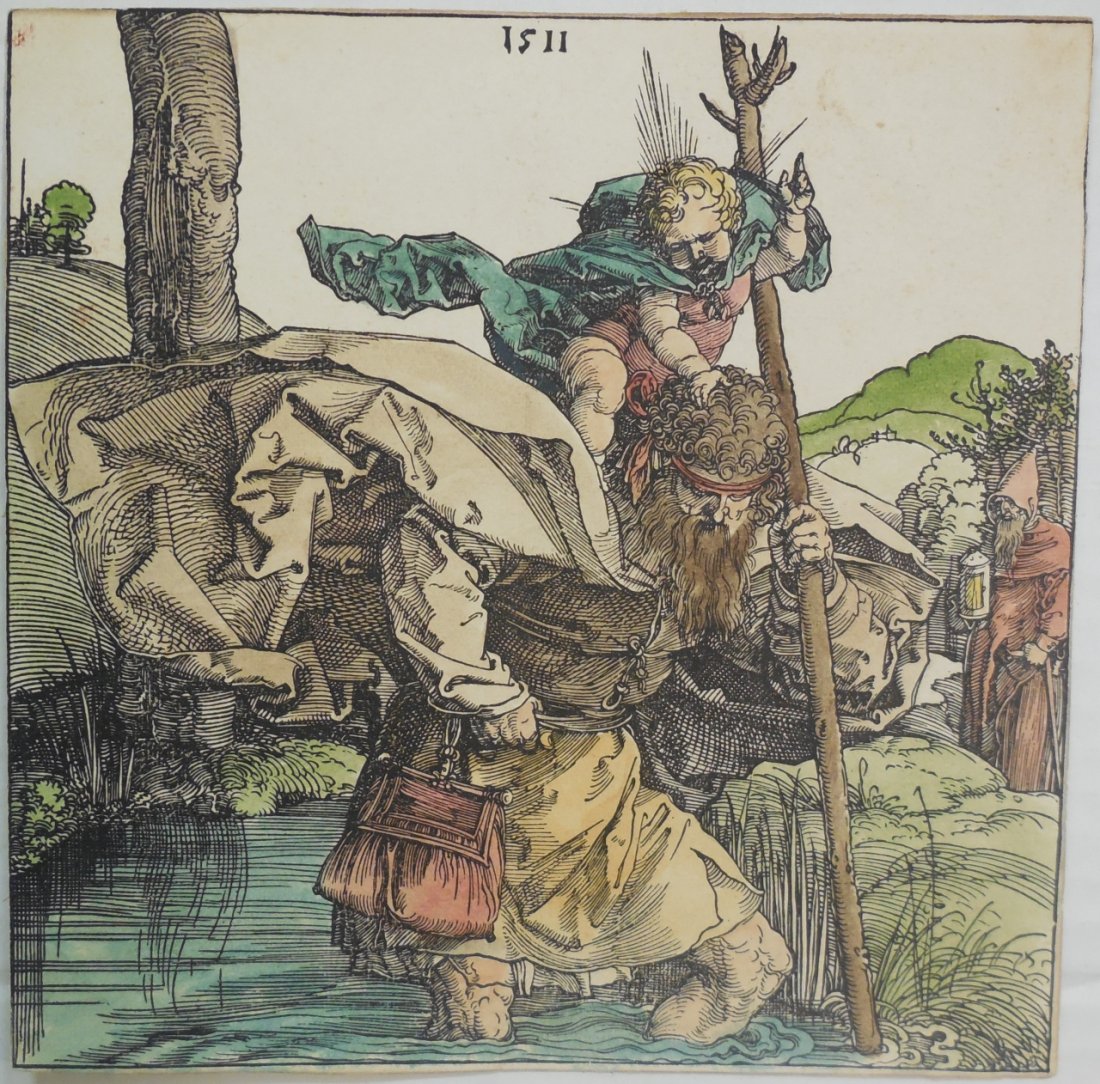Albrecht Durer 1511 Hand Colored Woodcut: An Albrecht Durer 1511 hand colored woodcut "St. Christopher Crossing The River". 7 1/4" H x 7 1/4" W. Excellent antique condition.