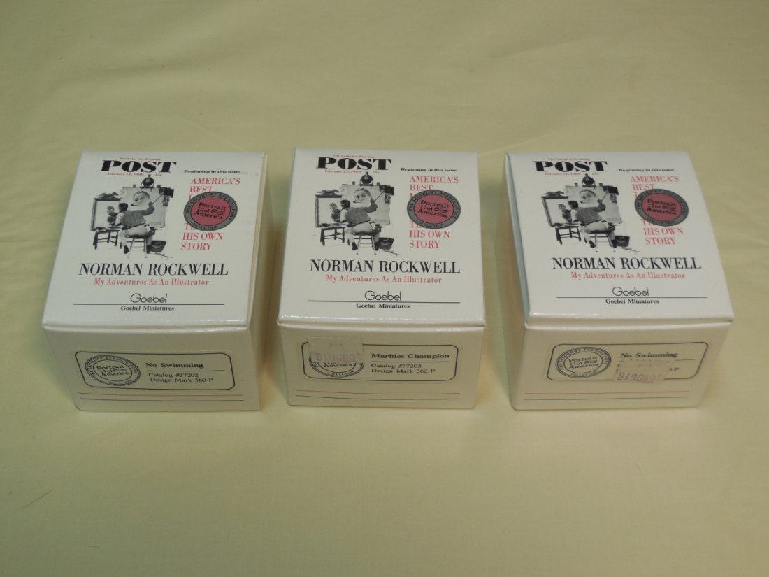 3 Norman Rockwell Goebel Mag. Cover Figures: Three Norman Rockwell Goebel magazine cover depictions/figures. 1 1/2" W x 1" D x 2" H. New condition with original boxes.