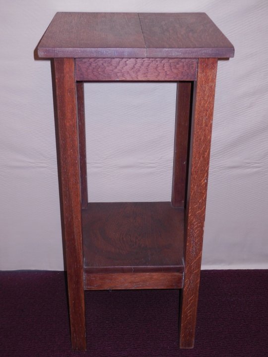 Gustav Stickley End Table with Brand: An American Arts & Crafts oak side table by Gustav Stickley with brand. 14" W x 14" D x 30" H. Very good condition