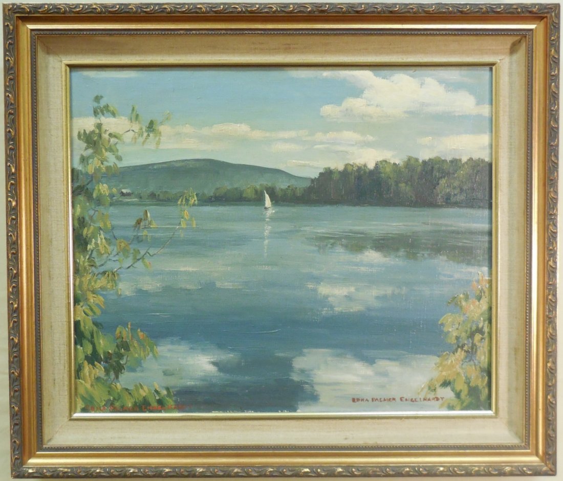 Edna Palmer Engelhardt "Sky Blue Waters": An Edna Palmer Engelhardt oil on canvas painting signed twice. Titled verso "Sky Blue Waters". 14 1/4 H x 17 1/8" W. Excellent condition.