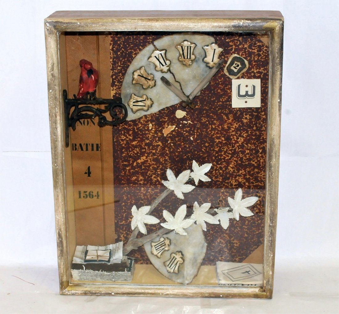 Assemblage Art Box Attributed to Joseph Cornell: Shadow box attributed to Joseph Cornell. Cornell was a pioneer in assemblage surrealist art; especially in the "shadowbox" format. This piece is a surrealist assemblage that includes a broken clock fa