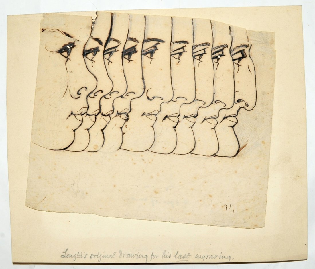 Pietro Longhi 1702-1785 Study for Last Work: Attributed to Italian school artist Pietro Longhi (1702-1785) and labeled as "Longhi's original drawing for his last engraving"; however it is unsigned. The work is an age progression study of himself