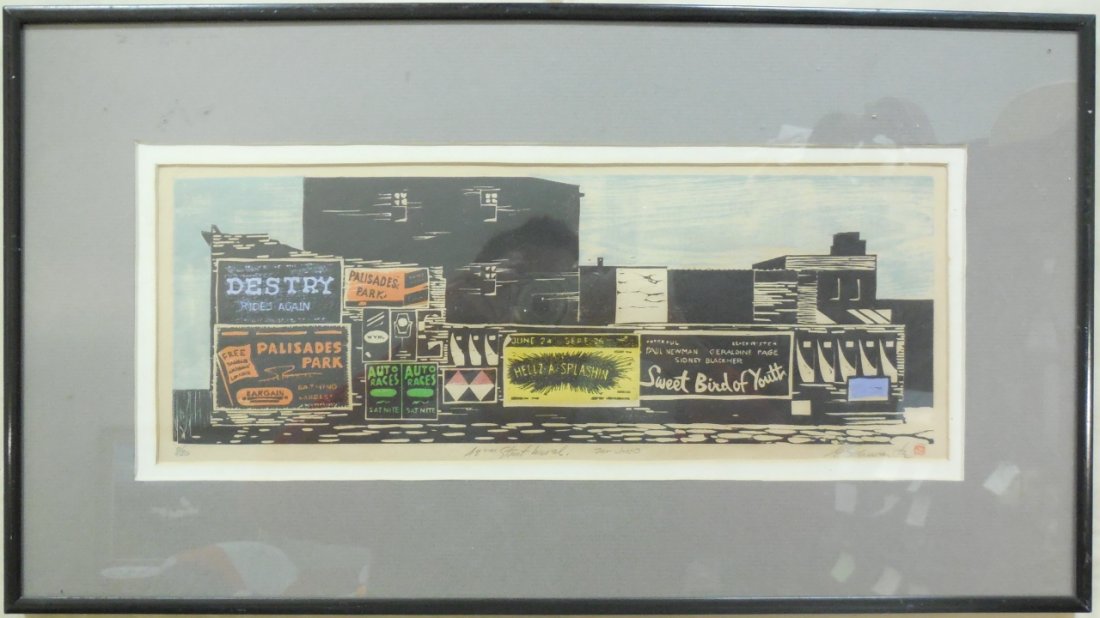 G. Schwartz "42nd Street Mural" Wood Block Print: G. Schwartz wood black print "42nd Street Mural" numbered 9/20 and signed by the artist. Inscribed to Joe O. 7" H x 17" W. Excellent condition.
