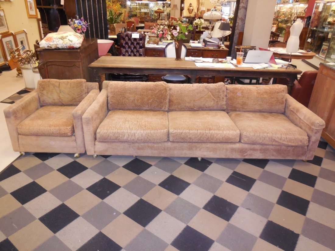 Mid Century Sofa & Matching Chair: A mid century sofa and matching chair. The sofa measures 97" W x 39 /2 D x 24" H. The chair measures 31" W x 33 1/2" D x 24 3/4" H. Fair condition.