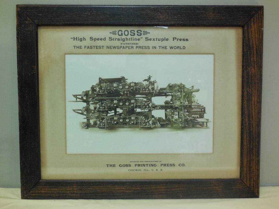 Vintage B/W Photo Ad. for 'The Goss Printing Co.': A large framed vintage black and white photo, with mat, advertisement for 'the Goss Printing Co'., Chicago, Ill. Called the "fastest newspaper printer in the world". Circa 1900-1920.