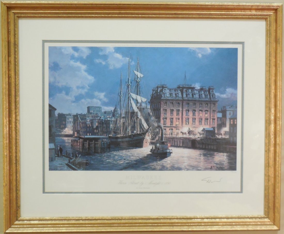 John Stobart "Huron Street by Moonlight", 1890: A paper lithograph of Milwaukee - Huron Street by Moonlight, 1890 - limited edition No. 32/350. Signed by artist is pencil. 15" H x 19 1/2" W. Very good condition.