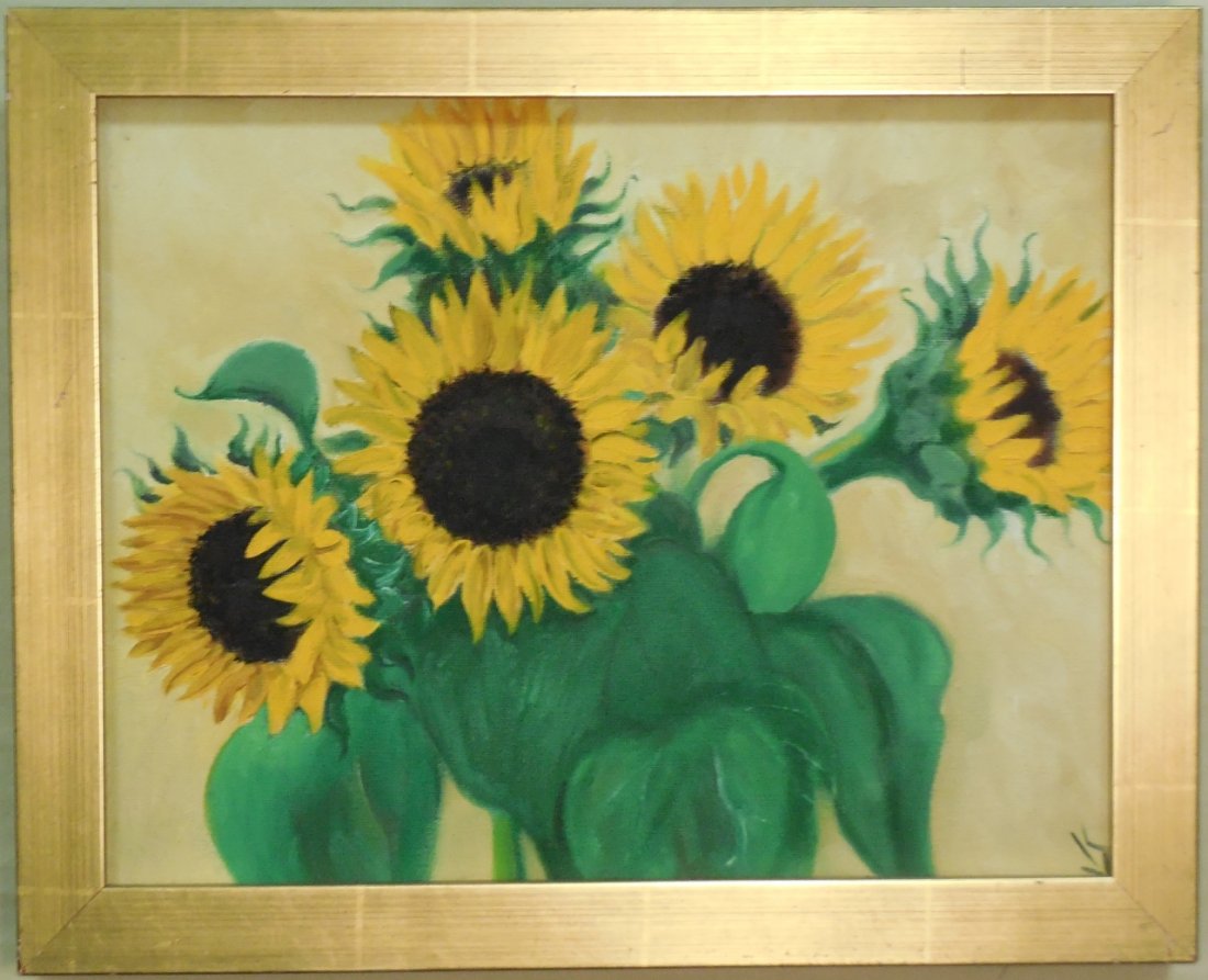 Jane Singer Sunflower Still Life Oil on Canvas: An oil on canvas still life of sunflowers by Jane Singer. Monogrammed signature "JS" lower right corner. 11" H x 14" W. Very good condition.