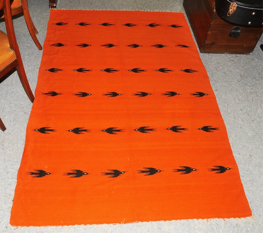 Antique Native Navajo Crow Rug 80 x 50: Antique Native American, likely Navajo textile rug with black birds on an orange background. Measures 80" long by 50" wide and is in very good condition with minor, but appropriate thread and edge wea