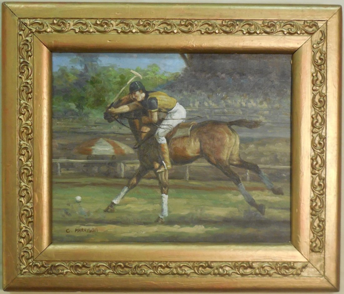 C. Harrison Oil on Board Polo Player: A C. Harrison oil on board polo player signed lower left. 8" H x 10 W. Very good condition.