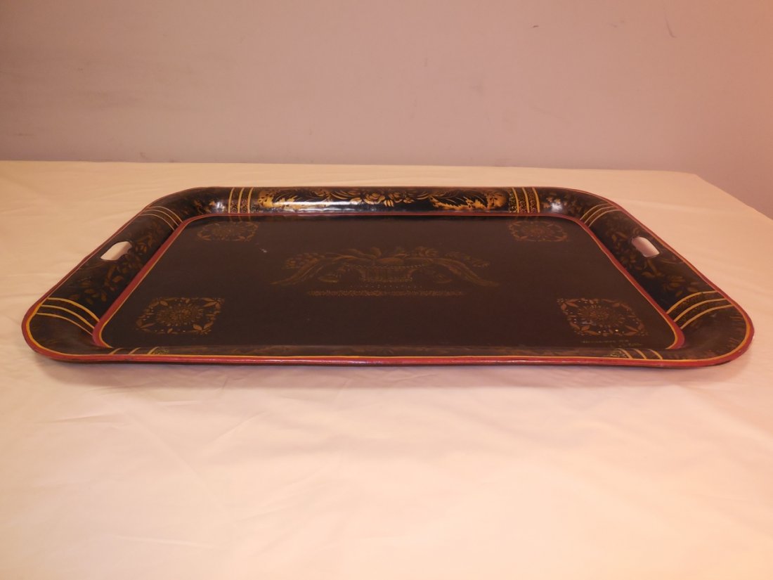E. J. Pohl Stenciled Tole Tray with Date: An E. J. Pohl stenciled tole tray with date. 28" W x 20 14" D x 1 1/4" H. Very good condition.