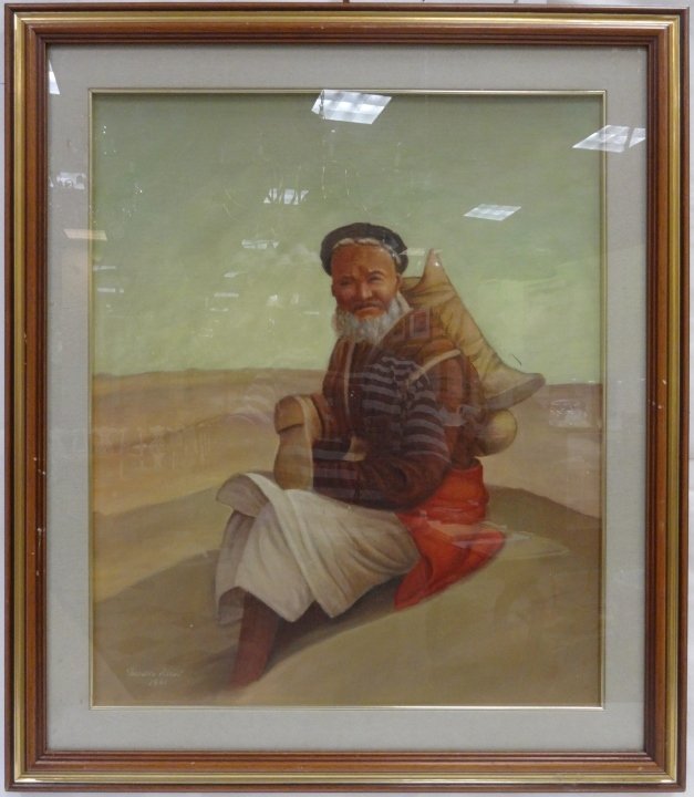 Oil on Board Portrait of Middle Eastern Man: An oil on canvas covered board portrait of a Middle Eastern man with boots. Signed "Theodore Pizzuti, 1961" lower left. 23 1/2" H x 19 7/8" H. Excellent condition.
