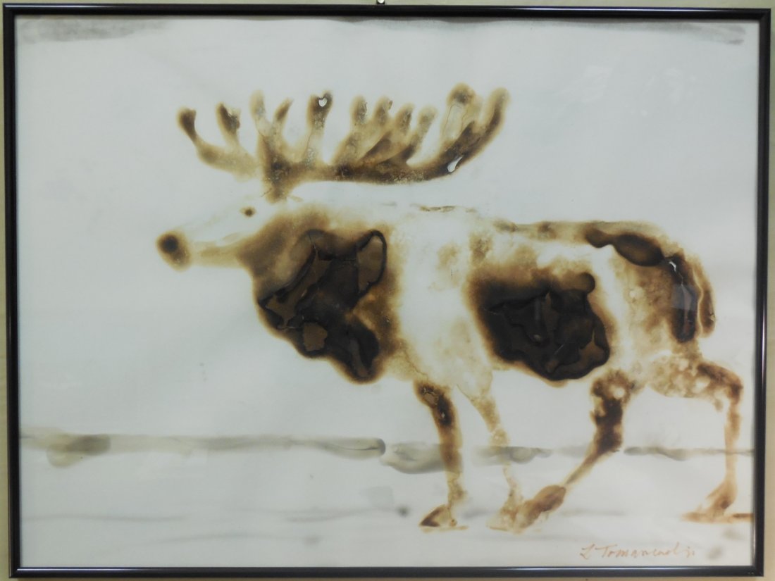 Lubomir Tomaszewski (Easton, CT) Sear Art Moose: A Lubomir Tomaszewski (Easton, CT) sear art moose, framed. 17 1/2" H x 23 1/2" W. Excellent condition.