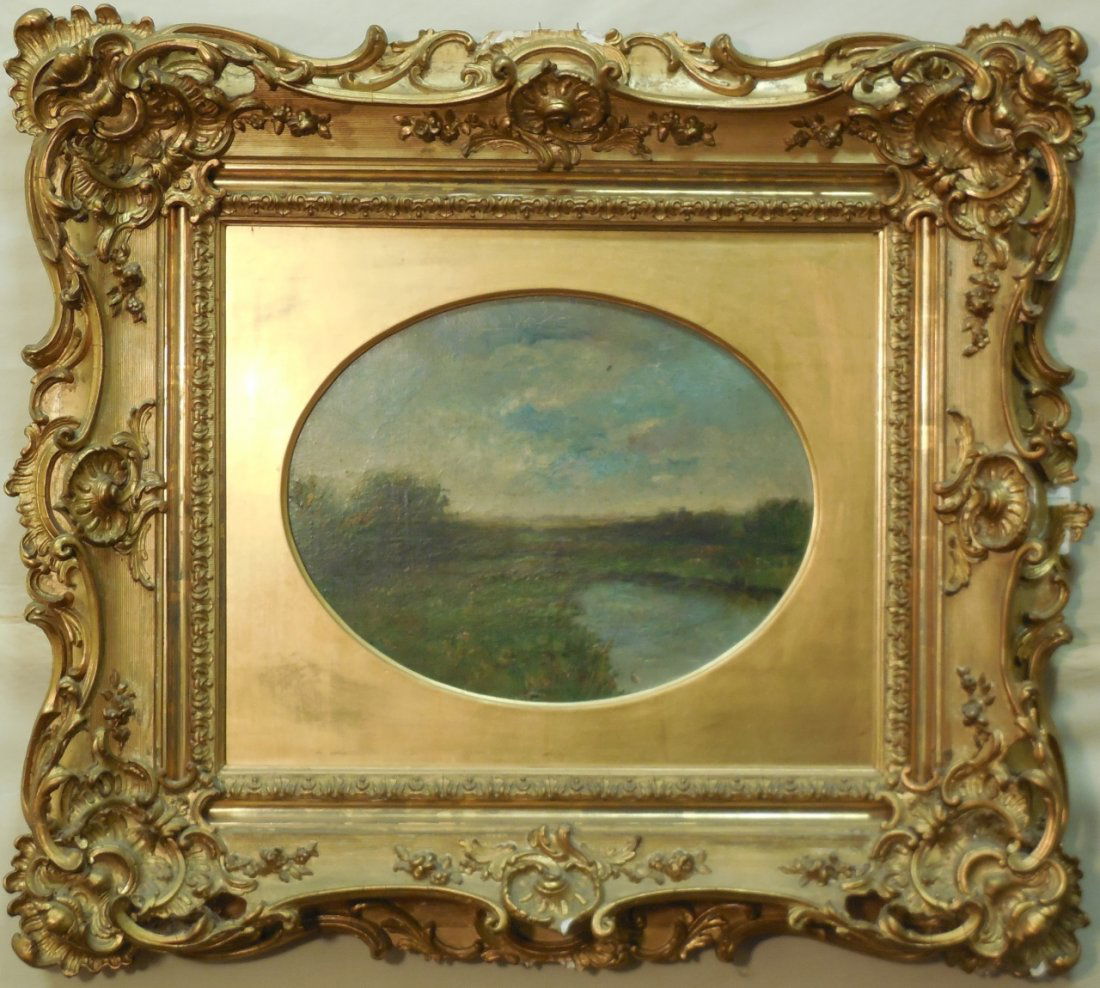 David Johnson Oil on Panel Landscape: An oil on panel landscape painting by David Johnson signed on verso. 15 1/4"H 18 3/4" W. Oval interior measures 12" H x 15 W. Good condition.