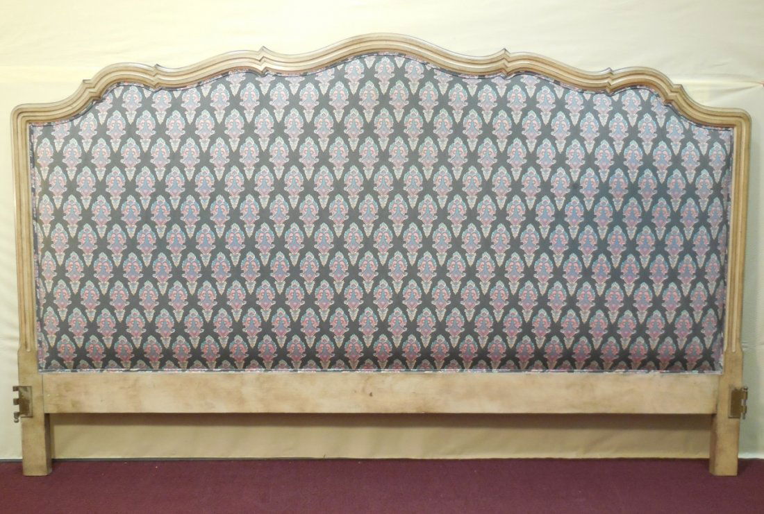 Carved Wood Frame Upholstered Headboard: A carved wood frame upholstered king size headboard. 81 3/8" W x 2 7/8" D x 49" H. Very good condition.