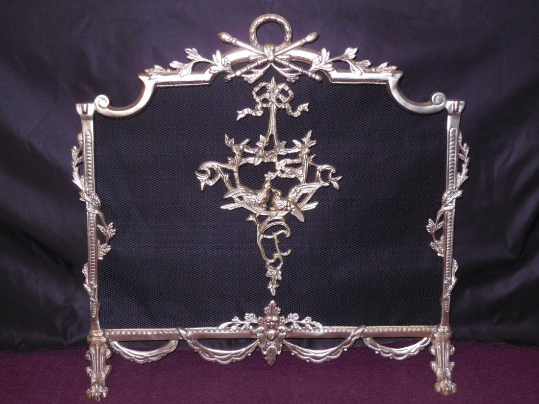 Vintage Fireplace Screen with Gilt Metalwork: Vintage fireplace screen with gilt metalwork. 27 3/4" W x 9" D x 25 3/4" H, very good condition