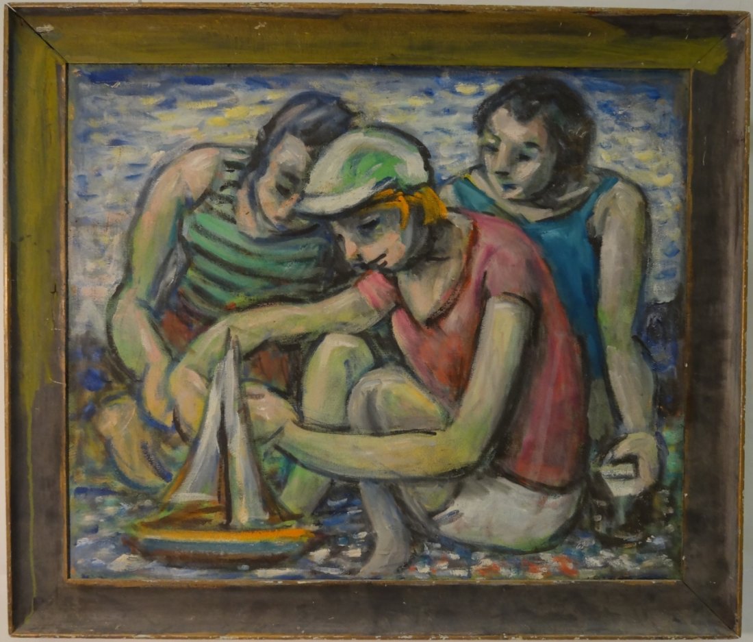 Samuel Heller- Beach Scene w/Children- Oil/Canvas: An oil on canvas painting by Samuel Heller of three children at the beach. Part of an "At The Beach" series. 20" H x 24" W. Excellent condition.