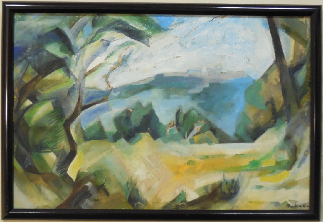 Margaret Malval Cubist Landscape- Oil on Canvas: Cubist landscape by Margaret Malval, "Renoir's Garden Near Cagnes", oil on board. Dated 1959, 15 1/4" H x 23 1/4" W, very good condition.