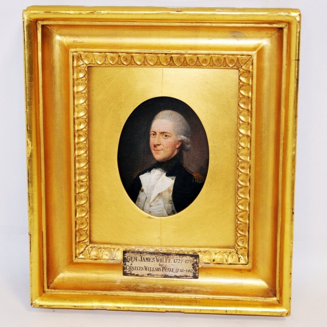 Charles Wilson Peale (?) Portrait Gen. James Wolfe: Oval portrait in gilt decorated vignette frame attributed to Charles Willson Peale (1721-1847). Oil portrait on wood wafer of General James Wolfe (1727-1759) of Quebec fame. Image measures: 5.25" high