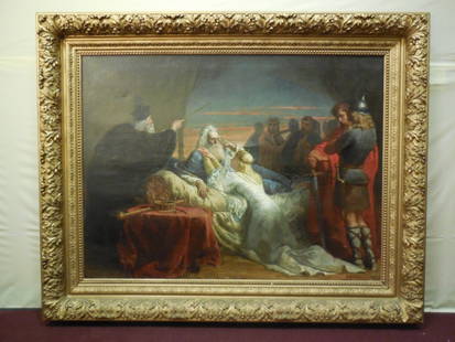 Edward May Oil Painting, Signed: Original oil painting by Edward Harrison May, (1824-1887) signed. Painting depicts an allegorical scene of a dying king. Very ornate carved frame. Bottom right signed, May France. 39" H x 52" W. Paint