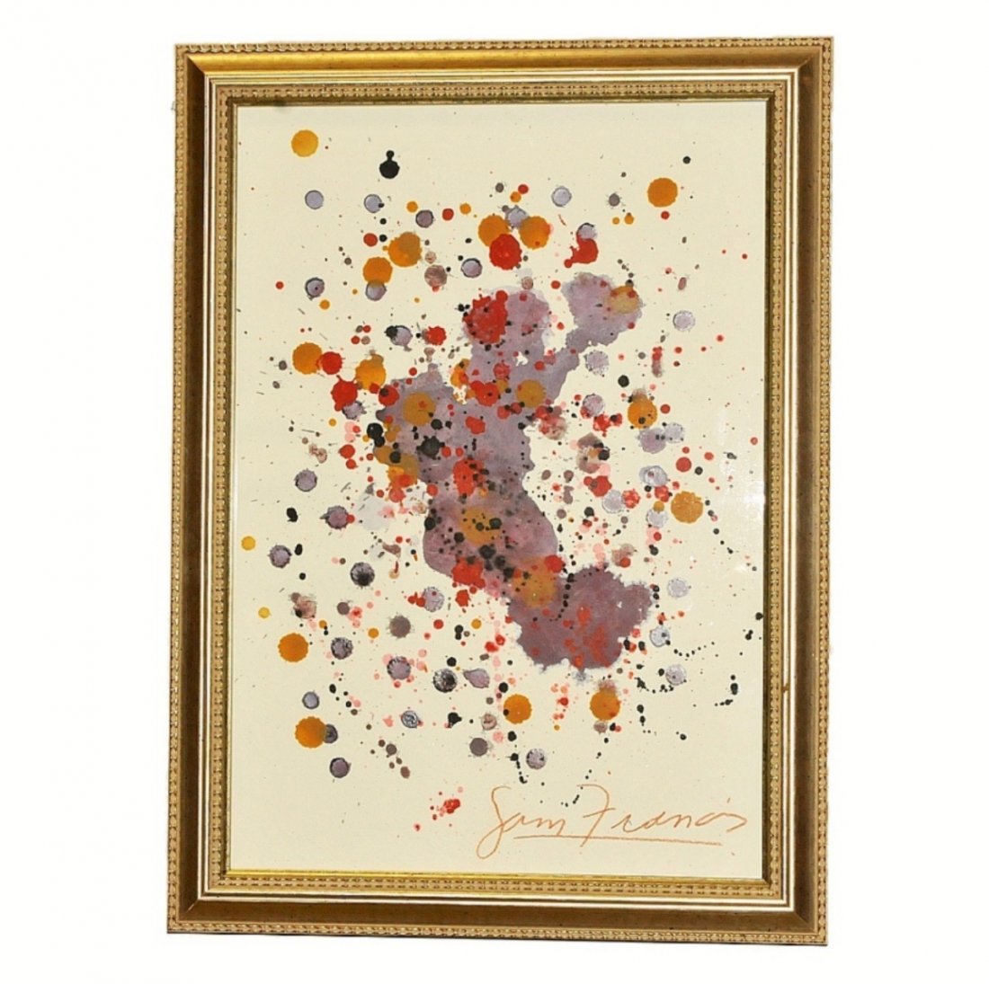 Sam FRANCIS Signed Gouache 14 x10: Framed, signed gouache on paper by Sam Francis. An untitled composition that is signed lower right in red artist's pencil. Mid-century artist with great auction records. Image inside frame measures ap