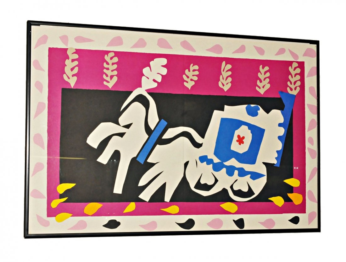 MATISSE Pochoir Jazz "Pierrot L'Enterrement": Matisse Cutout Pochoir Framed behind glass. Measures 15.25" high by 23.5" wide inside frame. Very good to excellent condition.