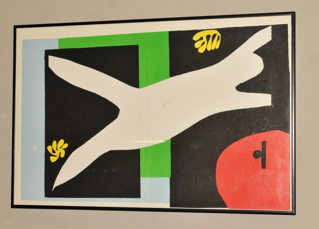 MATISSE "La nageuse dans l'aquarium" Pochoir: Matisse Cutout Pochoir Framed behind glass. Image originally entitled "La nageuse dans l'aquarium". Measures 15.25" high by 23.5" wide inside frame. Very good to excellent condition.