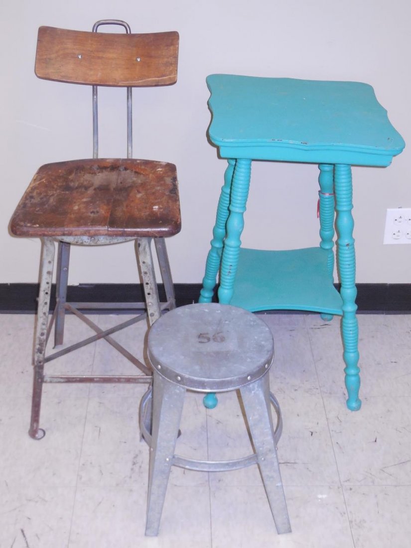 Lot of 3 Vintage Pieces: A lot of three vintage pieces. One aqua painted table with turned legs and shelf, 16" W x16"D x 30" H, one round metal stool/plant stand with #56 stenciled on top, 18 1/2" D x 16 3/4" H, one adjustabl