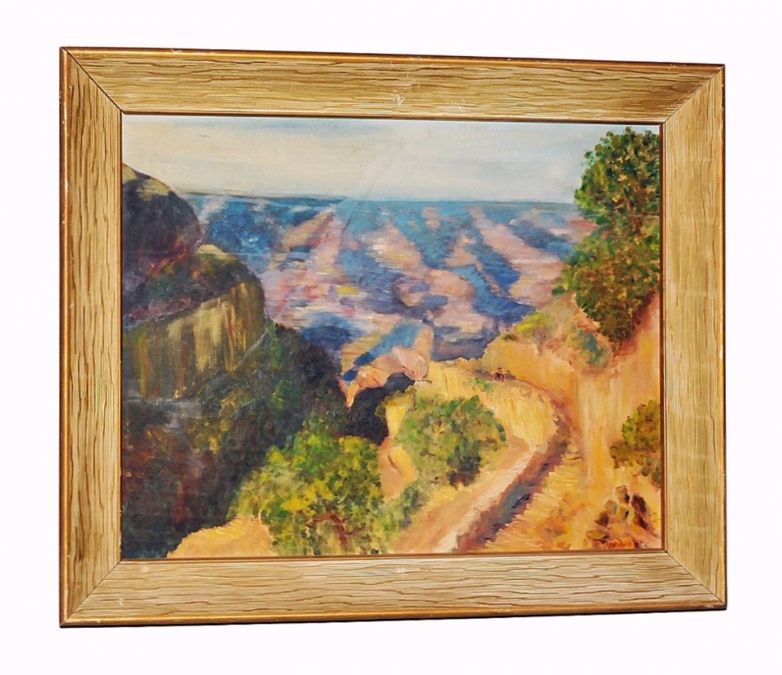 Oil Painting by RUTH ABRAMS of Grand Canyon: Framed oil on canvas of the Grand Canyon, signed lower right by "R. ABRAMS '60". Artist Ruth Abrams (1912-1986) painted this in 1960. Visible image measures 15.5" high by 19.5" wide. Fair to good cond