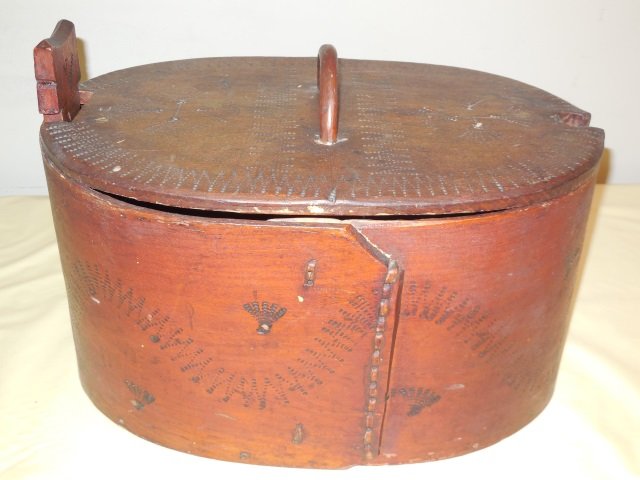 Late 19th C Scandinavian Oval Lunch Box: A late 19th century Scandinavian oval lunch box. 15 5/8" W x 10 1/4" D x 10 3/4" H. Very good antique condition.