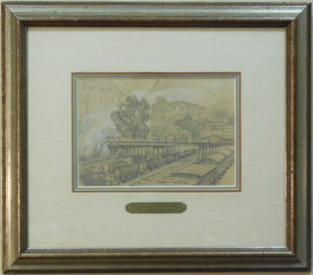 Reginald Marsh Pencil Drawing of Railroad Yards: Reginald Marsh (1898-1954) pencil drawing of railroad yards from 1932. Owned by a former governor of New York. 7" H x 9 1/2" W under mat, very good condition.