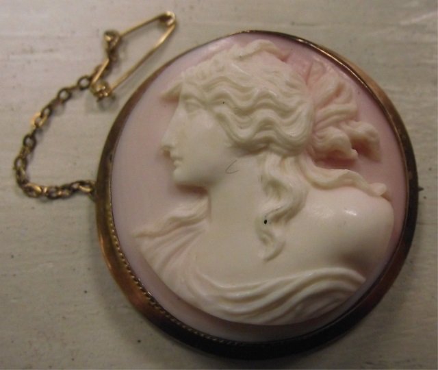 Large Victorian 9K Shell Cameo Brooch w/Chain: Large Victorian 9K shell cameo brooch with small chain and pin. 1 5/8" diameter, very good antique condition.