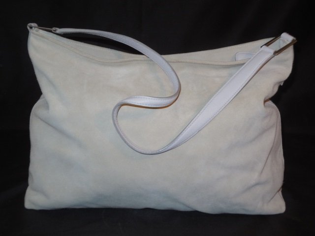 Mark Cross Ecru Suede/Leather Handbag: Mark Cross ecru colored leather handbag. One interior zippered pocket. 15 1/2" W x 7 1/2" D x 11" H. In very good condition. Very clean interior.