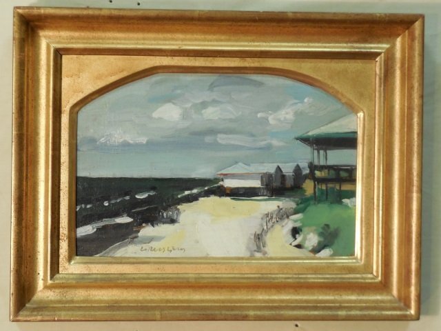 N.C. Seascape Painting by Joel Corcos Levy: North Carolina seascape painting by Joel Corcos Levy. Gold arched top frame. Signed by the artist. 6 1/2" H x 10" W. In very good condition.