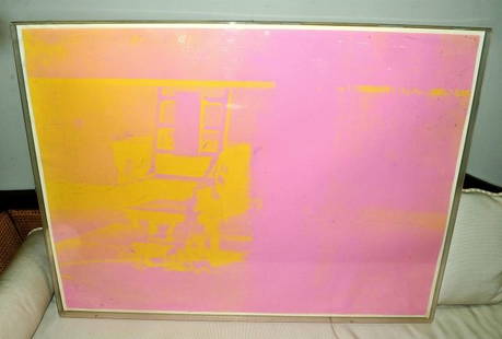 36x48 WARHOL Electric Chair Screenprint Framed: Set inside a lucite shadowbox frame is this Andy Warhol screenprint entitled "Electric Chairs #74 - #83". Included certificate from Martin Lawrence Limited states that this print is number 32 of 250 p