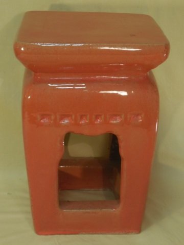 Asian Ceramic Garden Stool, Orange: Asian ceramic garden stool, orange. 12 3/4" square x 18 5/8" H. Very good condition.