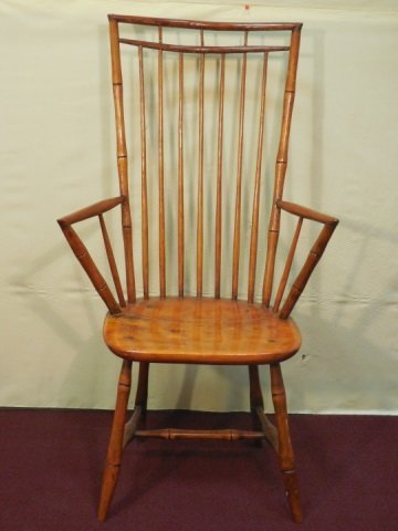 Antique Pumpkin Pine Windsor Chair: Antique pumpkin pine Windsor chair., high back with stretcher. 23 1/2" W x 20" D x 43" H. In good original condition.