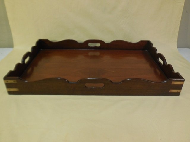 Mahogany Tray w/Brass Joined Corners: Mahogany tray with brass joined corners, shaped edges. 28 3/4" W x 18 34"D x 3 1/2" H. In good condition.
