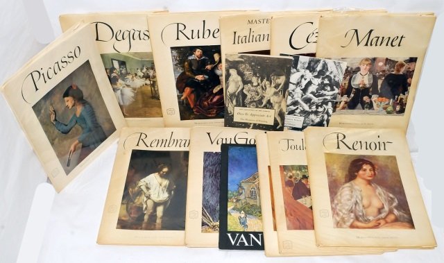 Group of 14 Abrams Art Folios w Lithographs: Large group of fourteen art folios and three books. Eleven folios by Abrams Art Books contain color lithographs of works by Picasso, Degas, Rubens, Italian Masters, Cezanne, Manet, Rembrandt, Van Gogh