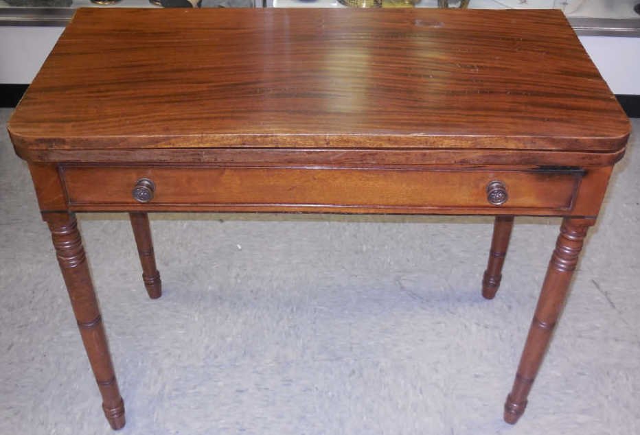 Mahogany Hinged Top Table with Drawer: A mahogany hinged top table with drawer. 35 5/8" W x 36" D x 27 1/2" H. Good condition.
