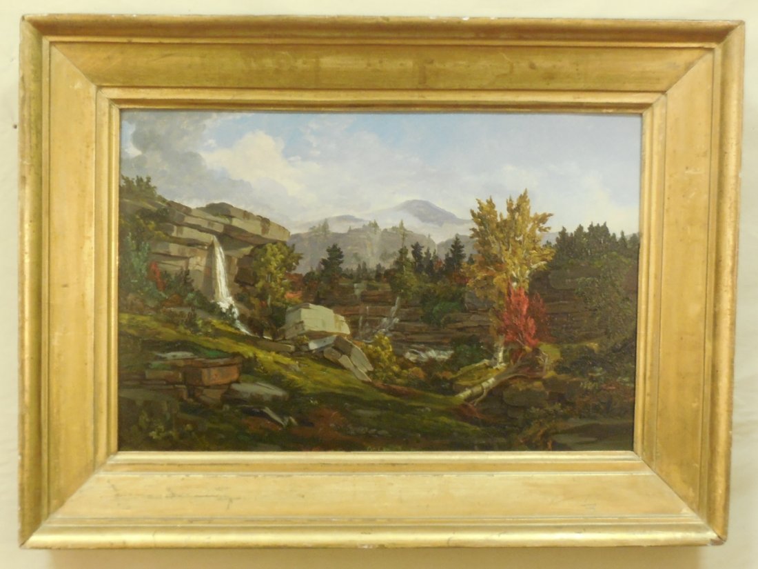 Thomas Cole Landscape Oil Painting w/ Waterfall: Thomas Cole landscape oil painting on board with waterfall, unsigned. Hudson River School artist. 12" H x 18" W. In excellent condition.