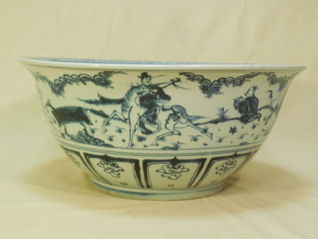 Large Blue & White Painted Ironstone Bowl: Large blue and white painted ironstone bowl. 19 3/8" diameter x 8 5/8" H. In very good condition.