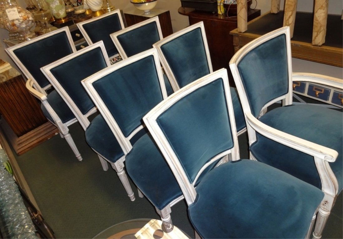 Set of 8 Jansen-Style Dining Chairs: Set of eight Jansen-style dining chairs with blue fabric upholstery. 20" W x 20" D x 36 1/2" H, very good vintage condition.
