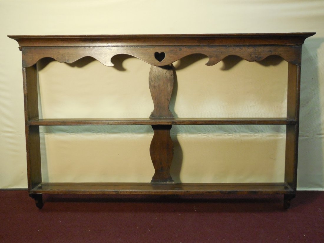 Antique English Hanging Shelf: An English antique hanging 2 shelf unit with baluster slat back. 57 1/2" W x 8" D x 36" H. Good antique condition.