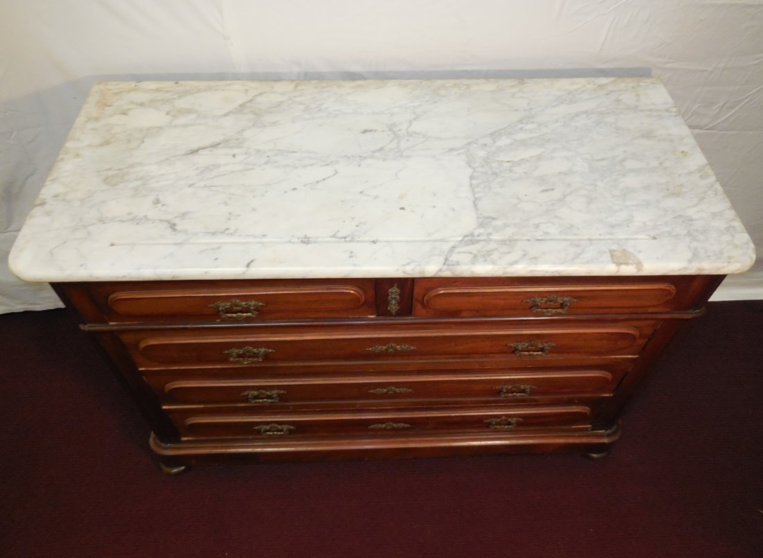 2 Over 3 Mahogany Marble-Top Chest of Drawers: JOHN QUINCY ADAMS FAMILY ESTATE: A two over three mahogany marble top chest of drawers OWNED BY CHARLES F. ADAMS, SR. 47 1/2" W x 20 3/8" D x 33 1/8" H. Good antique condition.