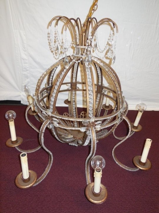 Eight-Arm Brass & Crystal Chandelier JOHN QUINCY ADAMS: JOHN QUINCY ADAMS FAMILY ESTATE: An eight-arm brass and crystal balloon shaped chandelier OWNED BY CHARLES F. ADAMS, JR. 34" dia. x 26 3/4" H. One arm is broken but otherwise very good condition.