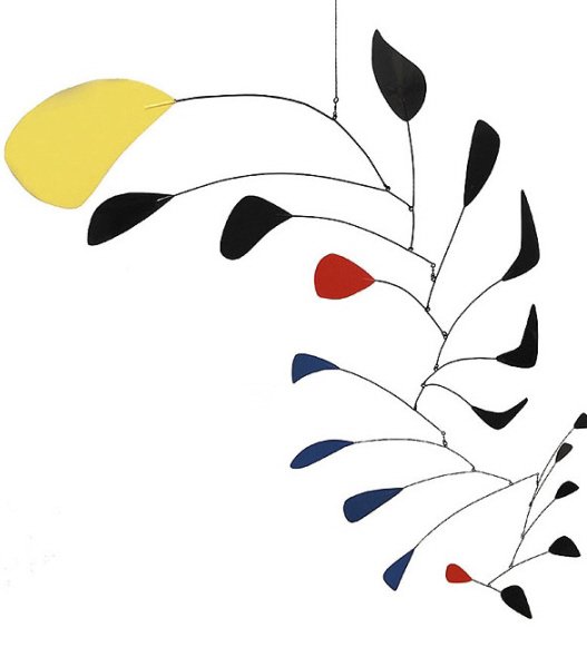 After Alexander Calder Four-Color Metal Mobile: Artist: After Alexander Calder Title: Four-Colored (Red, Blue, Yellow & Black) Mobile Medium: Metal Mobile Size: Over 7 ft in height, about 5 ft in widest span, largest leaf is about 1 ft.