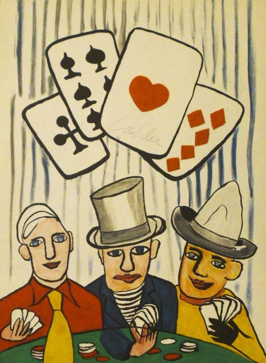 Calder "Three Poker Players" Lithograph, Signed: Artist: Alexander Calder (1898 - 1976) Title: Three Poker Players Medium: Color Lithograph, Hand Signed Edition: Mourlot Edition, Paris, France, Limited Edition Size: 14 3/4" x 10 7/8" Framed Size: 26