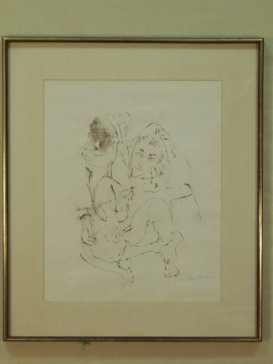 Framed Signed Ben Shahn Print: Print by Ben Shahn, signed by the artist. Crouching woman with person on back. 20" H x 16" W. In very good condition.