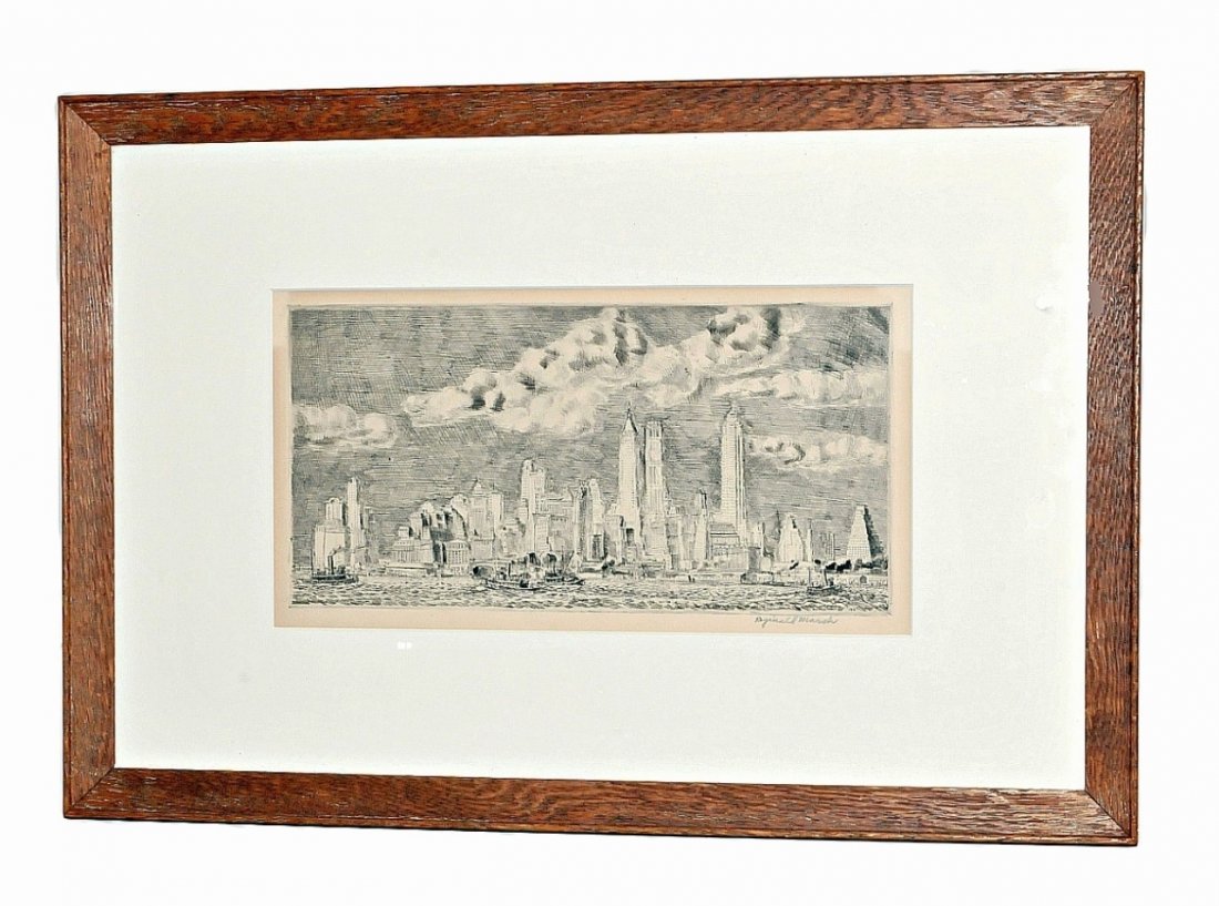 Reginald MARSH Drypoint NY Skyline 1932 Signed lower: Signed lower right in pencil "Reginald Marsh" 1932 dry point etching of "New York Skyline from Governor's Island" Image measures 6.5" H x 12.5" W inside of the mat board. Framed in oak behind glass. V