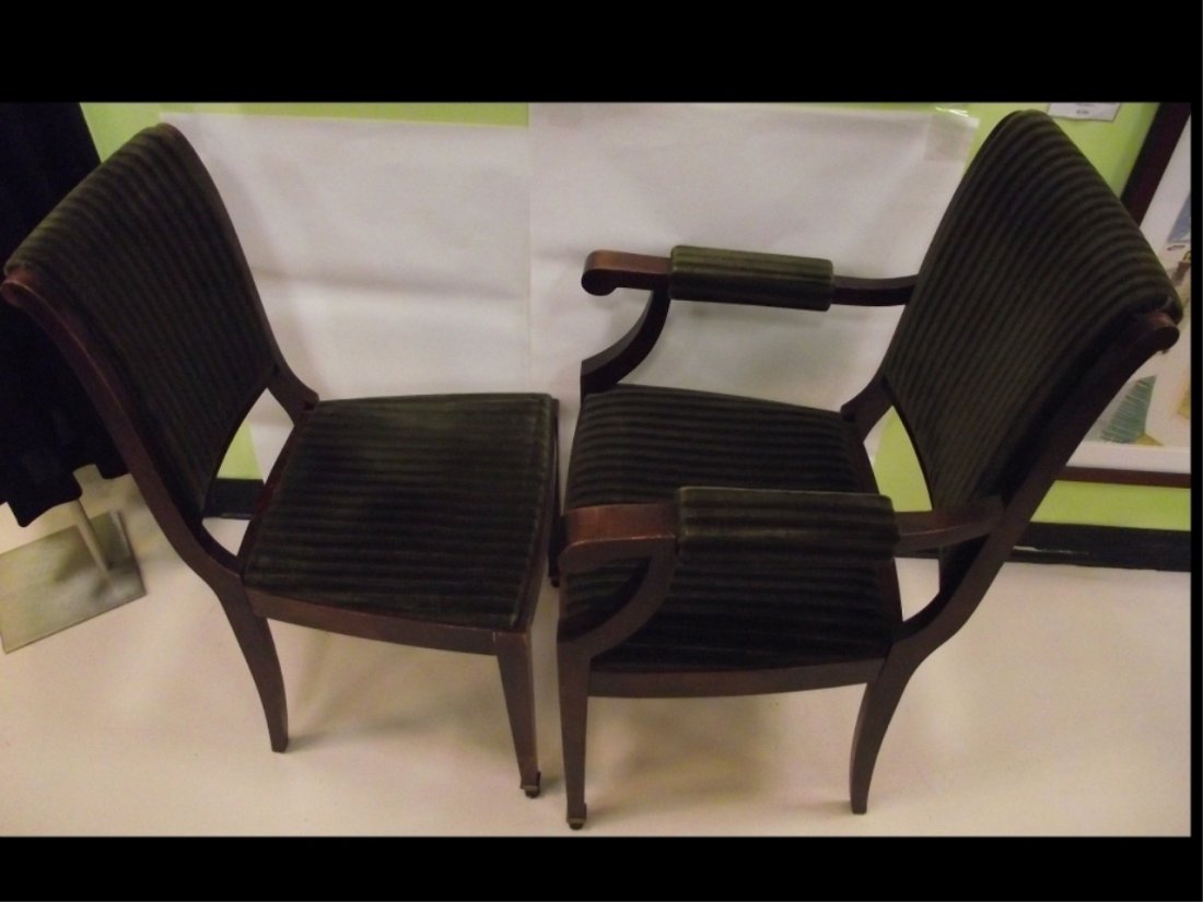 Set of 6 19th Century Green Fabric Dining Chairs: Set of six 19th century green fabric dining room chairs, 18" W x 21" D x 37" H. Two with armrests- excellent antique condition.